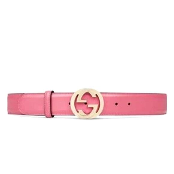 NEW Gucci Leather Interlocking G Buckle Belt Glossy Pink Gold Size 90/35